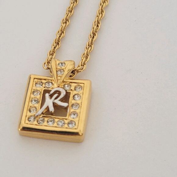 Vintage Nina Ricci NR Square Pendant Necklace 14”+ 2 Gold Tone Chocker Chain - Picture 2 of 6